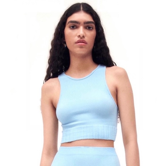 NEW ZARA BLUE RIBBED SEAMLESS CROP TOP - Picture 1 of 8